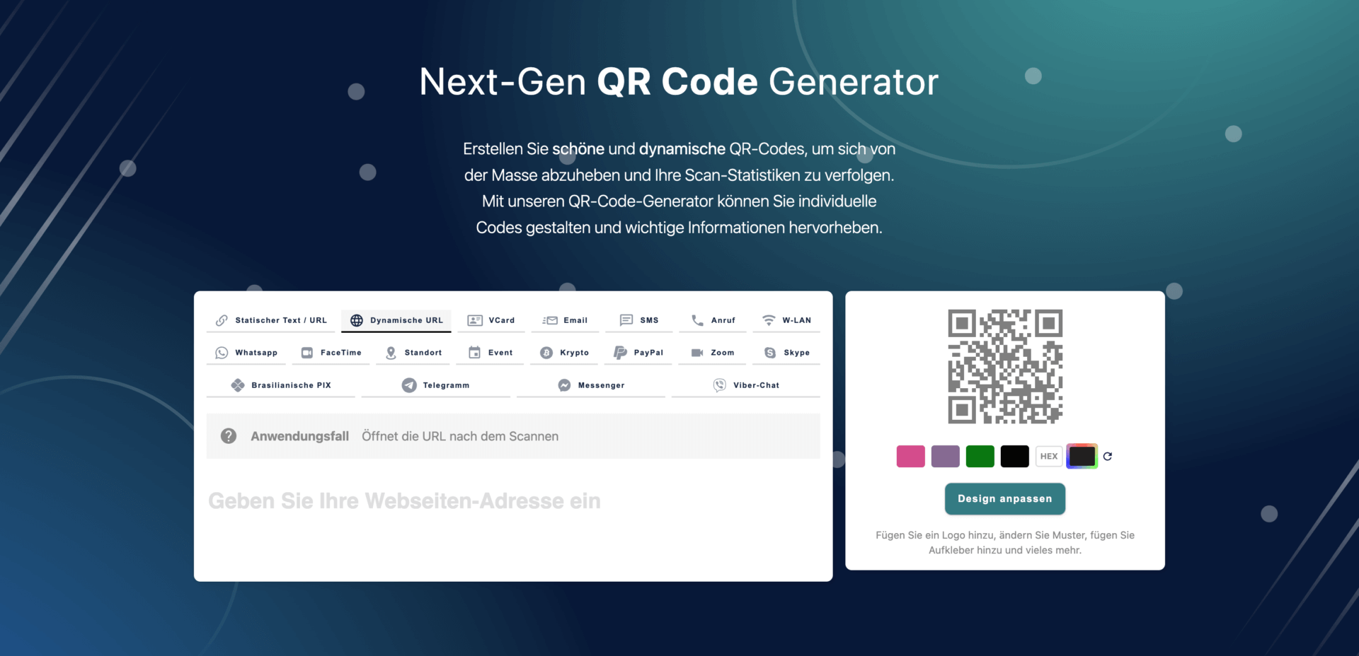 Next Generation QR Code Generator aus der Schweiz. Dynamische Qr Codes mit Ihrem Logo, verschiedene Formen und unbegrenzten Farbverläufen.
